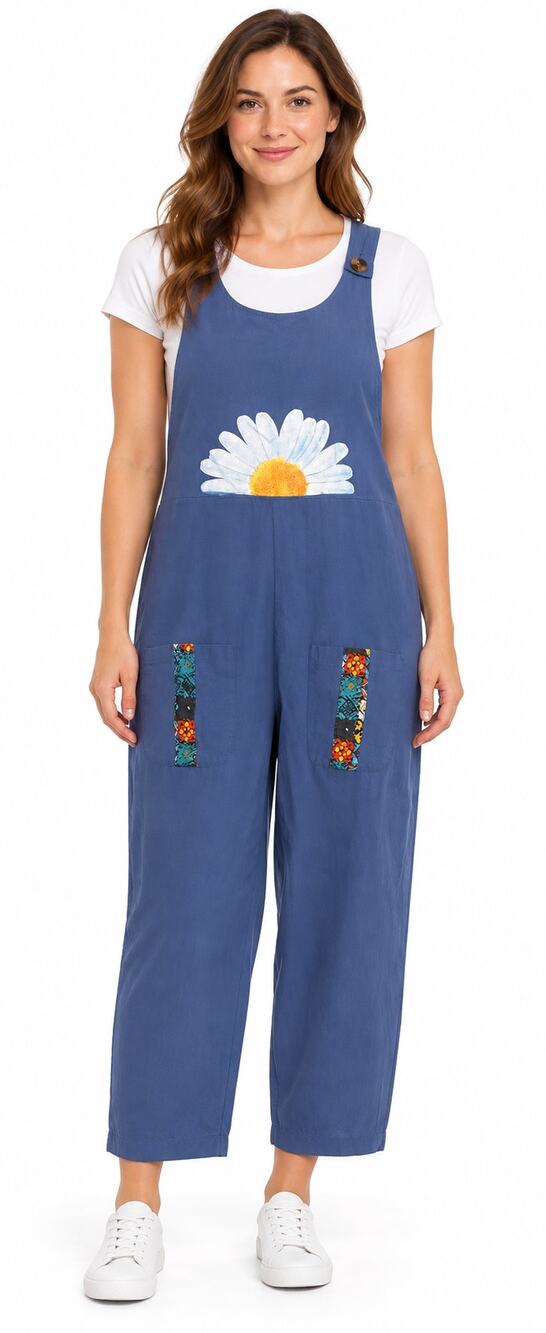 Pantalon Blue Painted Daisy Wide Leg Overalls Jumpsuit Small Artsy Boho Cottage